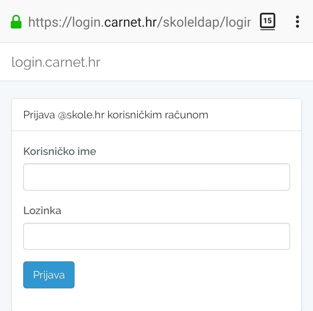 Unos korisničkog računa iz škola